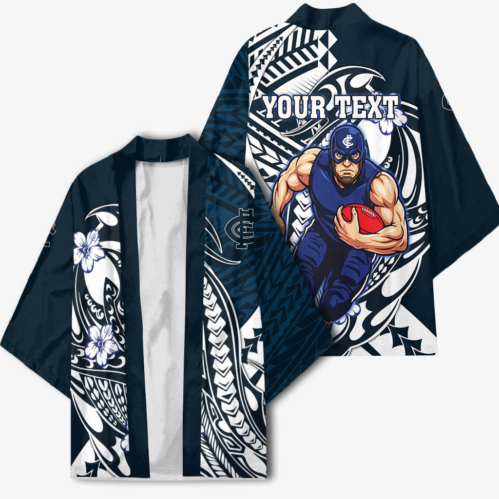 Personalized Carlton Blues Kimono Polynesian Tribal Baggers Mascot With Hibiscus Floral Art