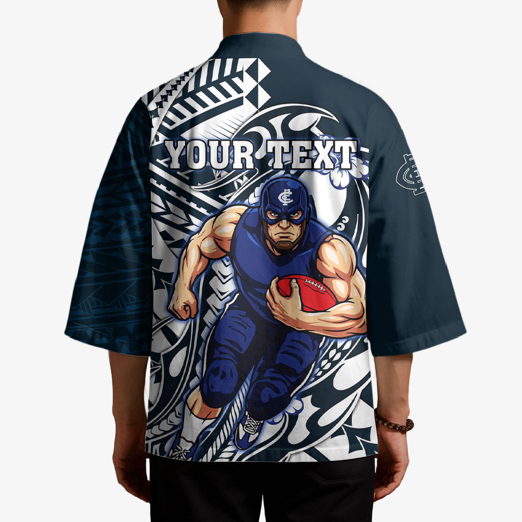 Personalized Carlton Blues Kimono Polynesian Tribal Baggers Mascot With Hibiscus Floral Art