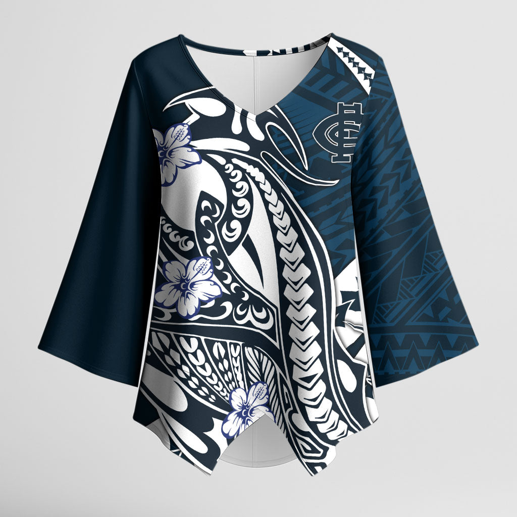 Personalized Carlton Blues Kimono Sleeve Blouse Polynesian Tribal Baggers Mascot With Hibiscus Floral Art