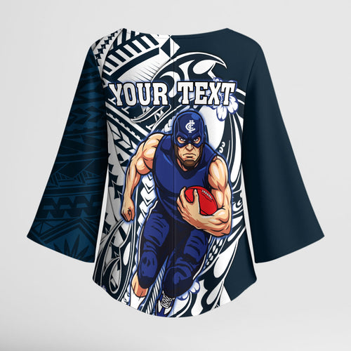 Personalized Carlton Blues Kimono Sleeve Blouse Polynesian Tribal Baggers Mascot With Hibiscus Floral Art