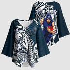 Personalized Carlton Blues Kimono Sleeve Blouse Polynesian Tribal Baggers Mascot With Hibiscus Floral Art