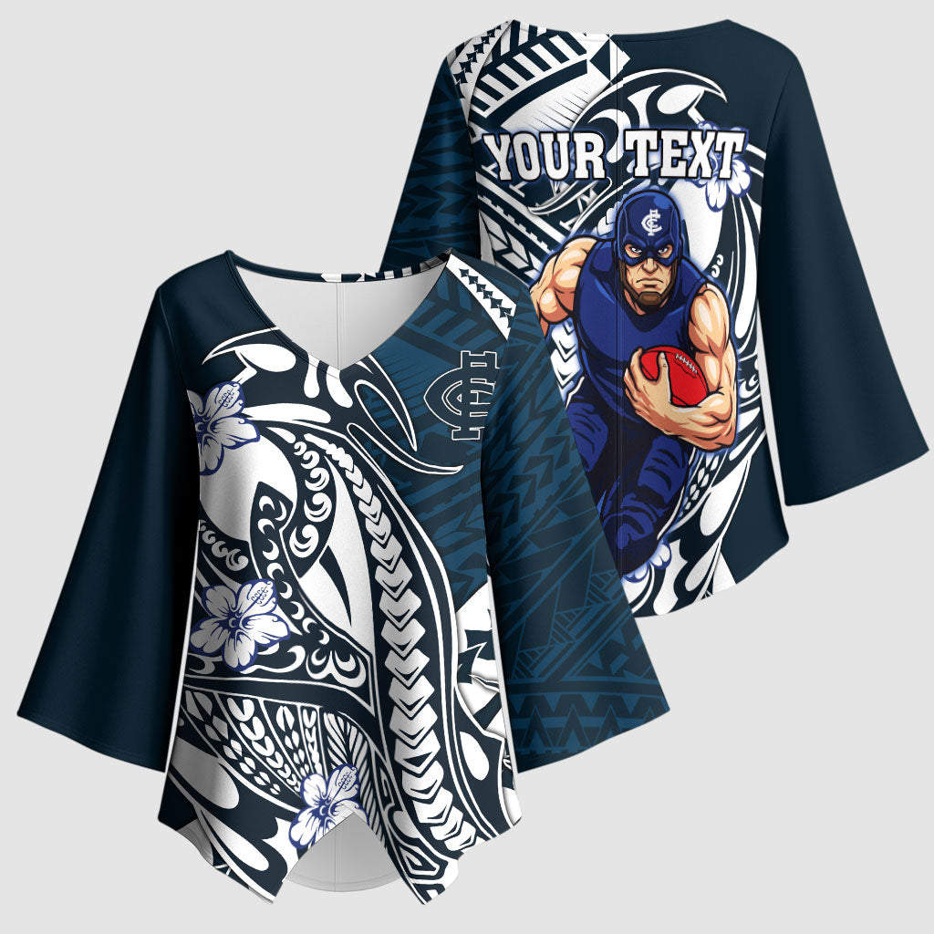 Personalized Carlton Blues Kimono Sleeve Blouse Polynesian Tribal Baggers Mascot With Hibiscus Floral Art