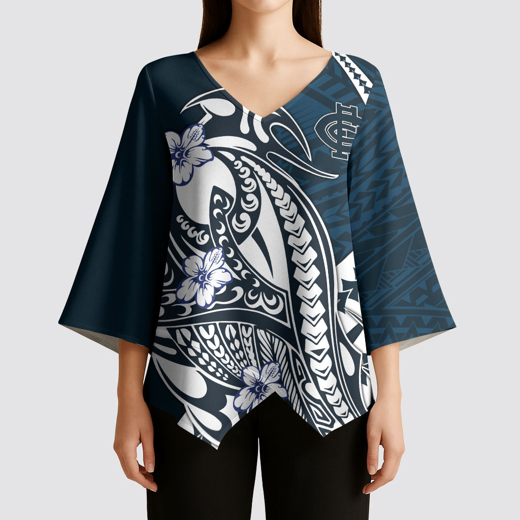 Personalized Carlton Blues Kimono Sleeve Blouse Polynesian Tribal Baggers Mascot With Hibiscus Floral Art