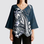 Personalized Carlton Blues Kimono Sleeve Blouse Polynesian Tribal Baggers Mascot With Hibiscus Floral Art