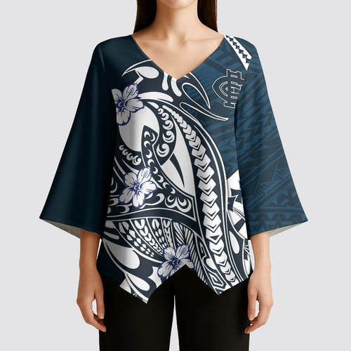 Personalized Carlton Blues Kimono Sleeve Blouse Polynesian Tribal Baggers Mascot With Hibiscus Floral Art