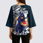 Personalized Carlton Blues Kimono Sleeve Blouse Polynesian Tribal Baggers Mascot With Hibiscus Floral Art
