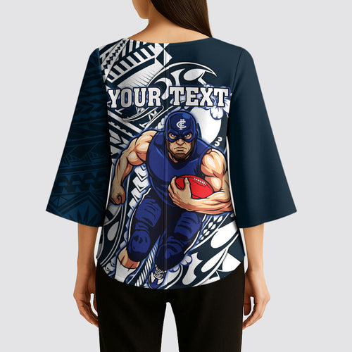 Personalized Carlton Blues Kimono Sleeve Blouse Polynesian Tribal Baggers Mascot With Hibiscus Floral Art