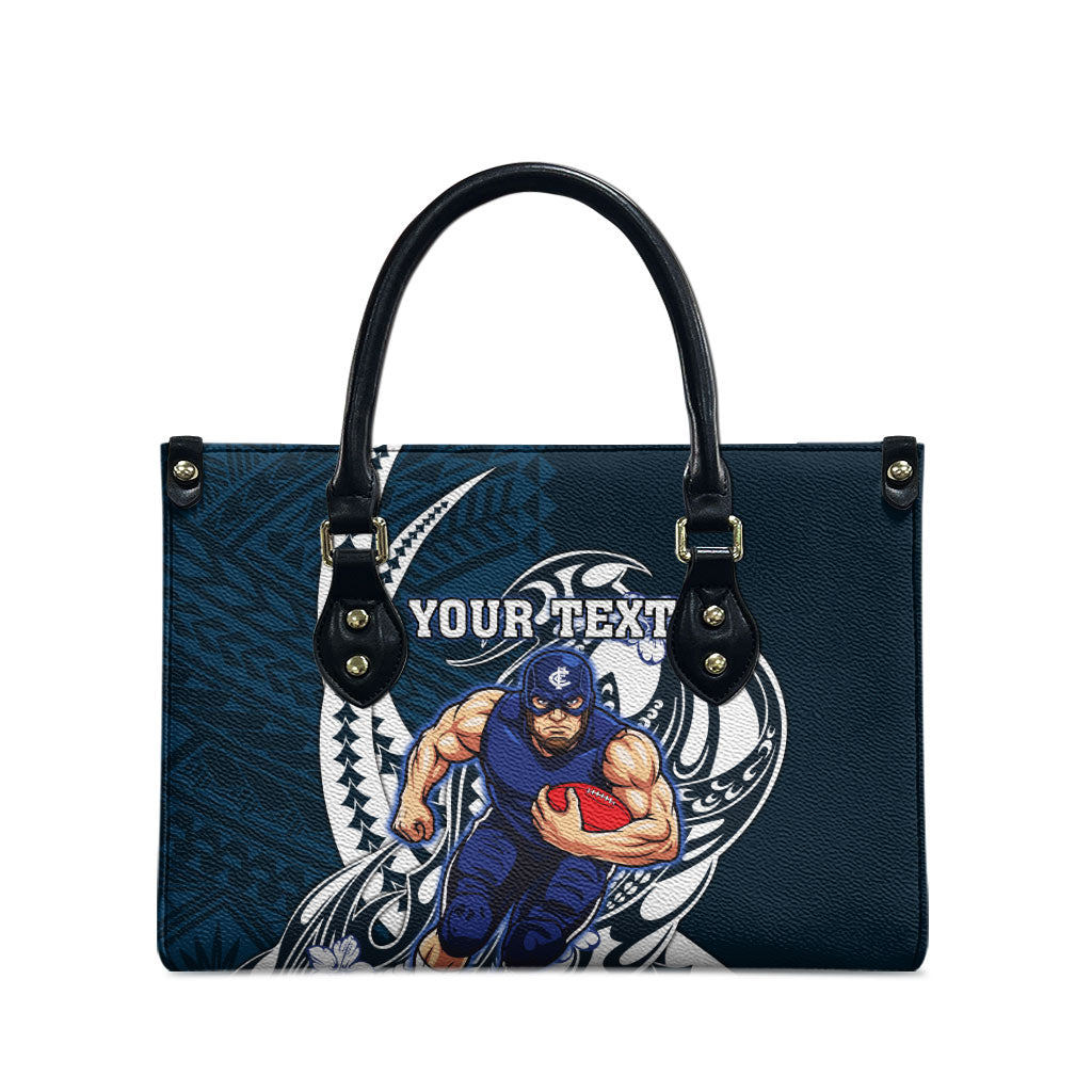Personalized Carlton Blues Leather Bag Polynesian Tribal Baggers Mascot With Hibiscus Floral Art