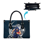 Personalized Carlton Blues Leather Bag Polynesian Tribal Baggers Mascot With Hibiscus Floral Art