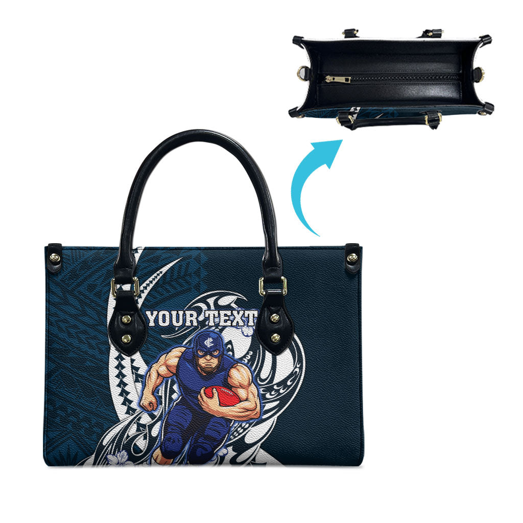 Personalized Carlton Blues Leather Bag Polynesian Tribal Baggers Mascot With Hibiscus Floral Art