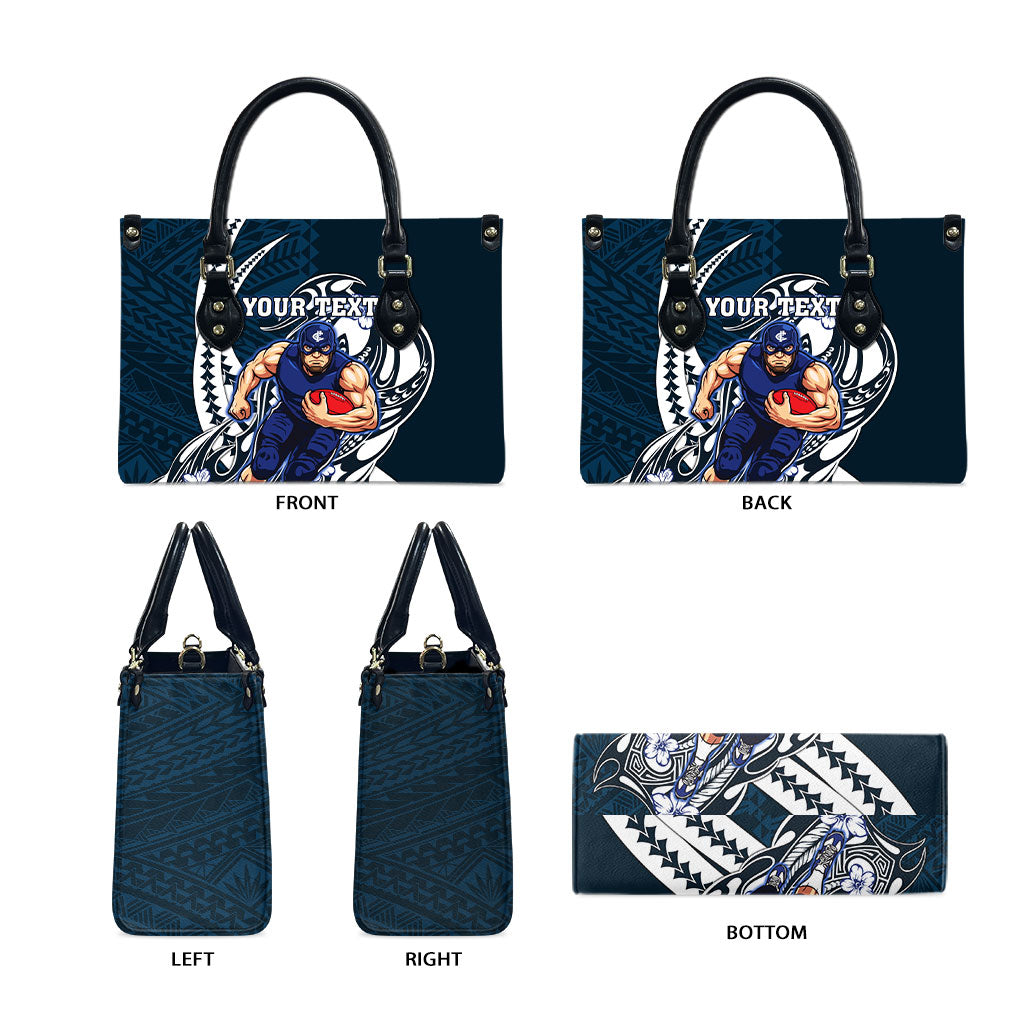 Personalized Carlton Blues Leather Bag Polynesian Tribal Baggers Mascot With Hibiscus Floral Art
