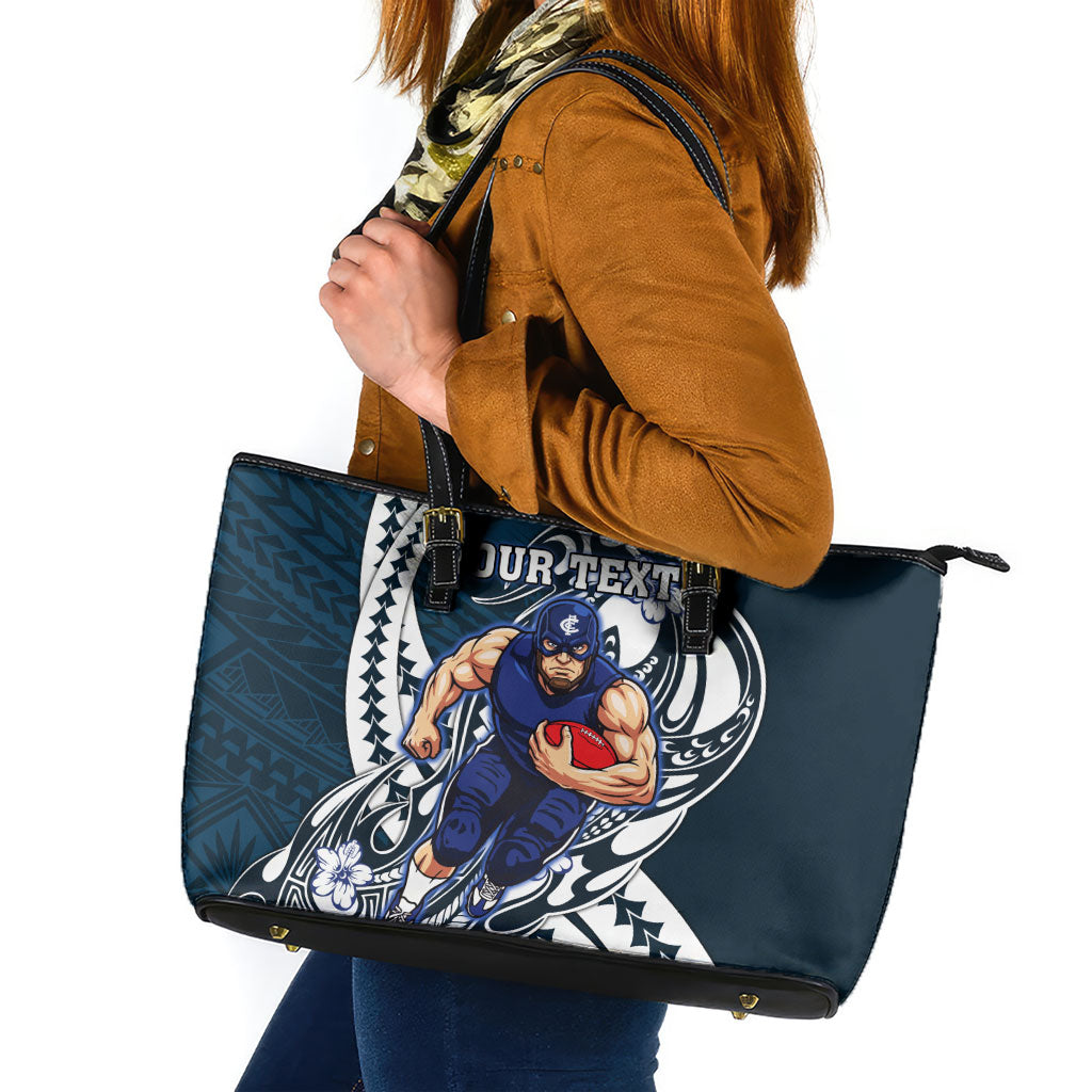 Personalized Carlton Blues Leather Tote Bag Polynesian Tribal Baggers Mascot With Hibiscus Floral Art