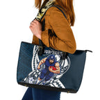Personalized Carlton Blues Leather Tote Bag Polynesian Tribal Baggers Mascot With Hibiscus Floral Art