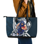 Personalized Carlton Blues Leather Tote Bag Polynesian Tribal Baggers Mascot With Hibiscus Floral Art