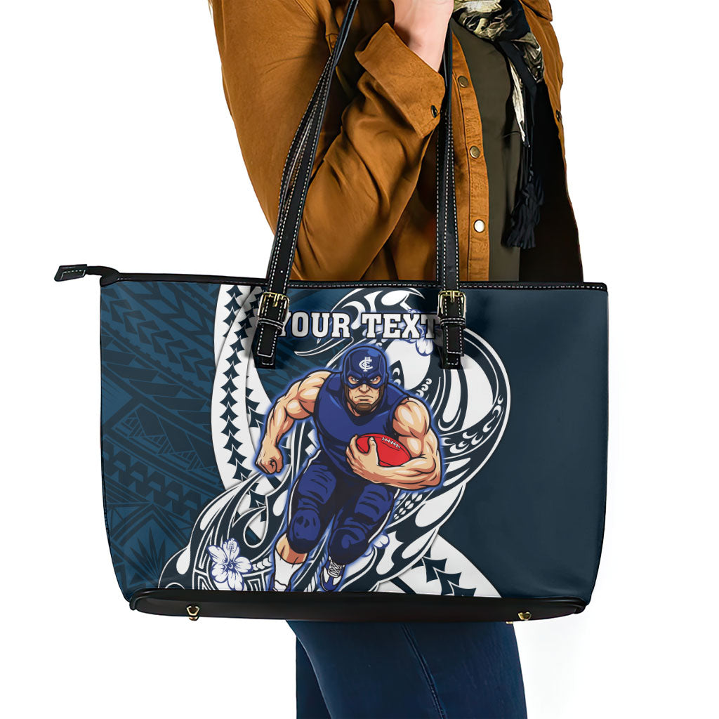 Personalized Carlton Blues Leather Tote Bag Polynesian Tribal Baggers Mascot With Hibiscus Floral Art