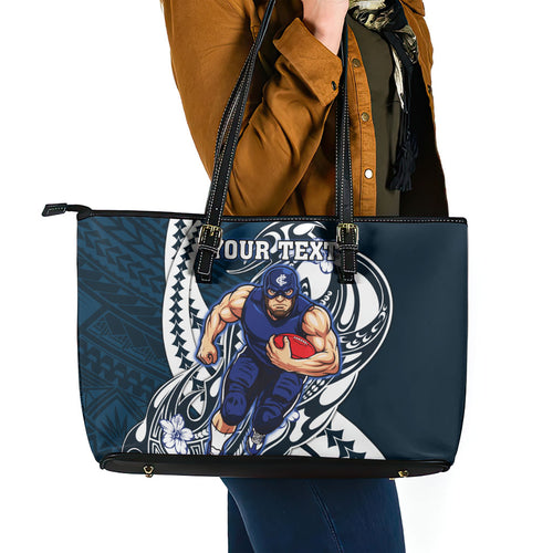 Personalized Carlton Blues Leather Tote Bag Polynesian Tribal Baggers Mascot With Hibiscus Floral Art