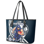 Personalized Carlton Blues Leather Tote Bag Polynesian Tribal Baggers Mascot With Hibiscus Floral Art
