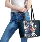 Personalized Carlton Blues Leather Tote Bag Polynesian Tribal Baggers Mascot With Hibiscus Floral Art