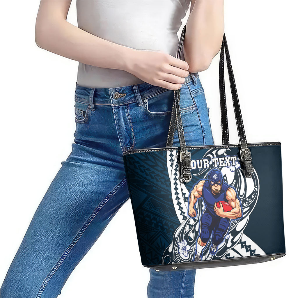 Personalized Carlton Blues Leather Tote Bag Polynesian Tribal Baggers Mascot With Hibiscus Floral Art