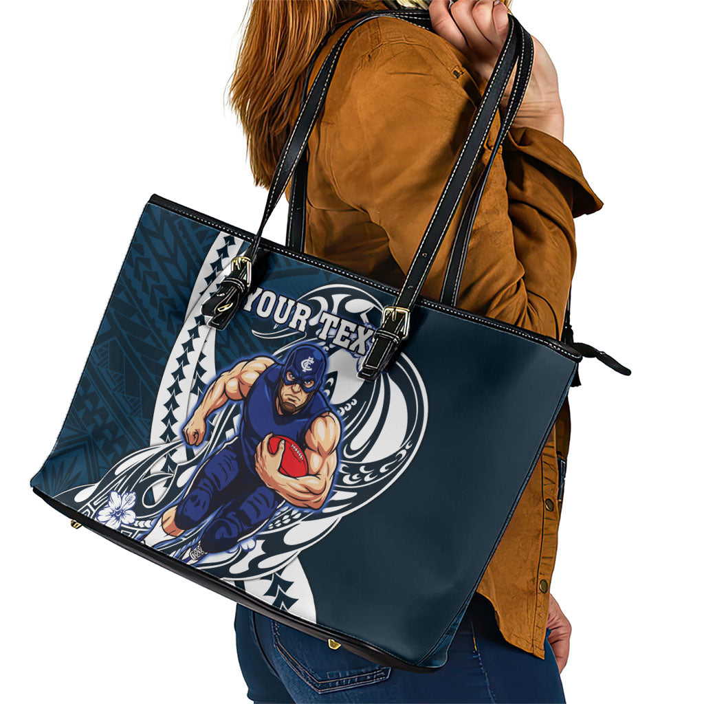 Personalized Carlton Blues Leather Tote Bag Polynesian Tribal Baggers Mascot With Hibiscus Floral Art
