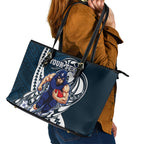 Personalized Carlton Blues Leather Tote Bag Polynesian Tribal Baggers Mascot With Hibiscus Floral Art
