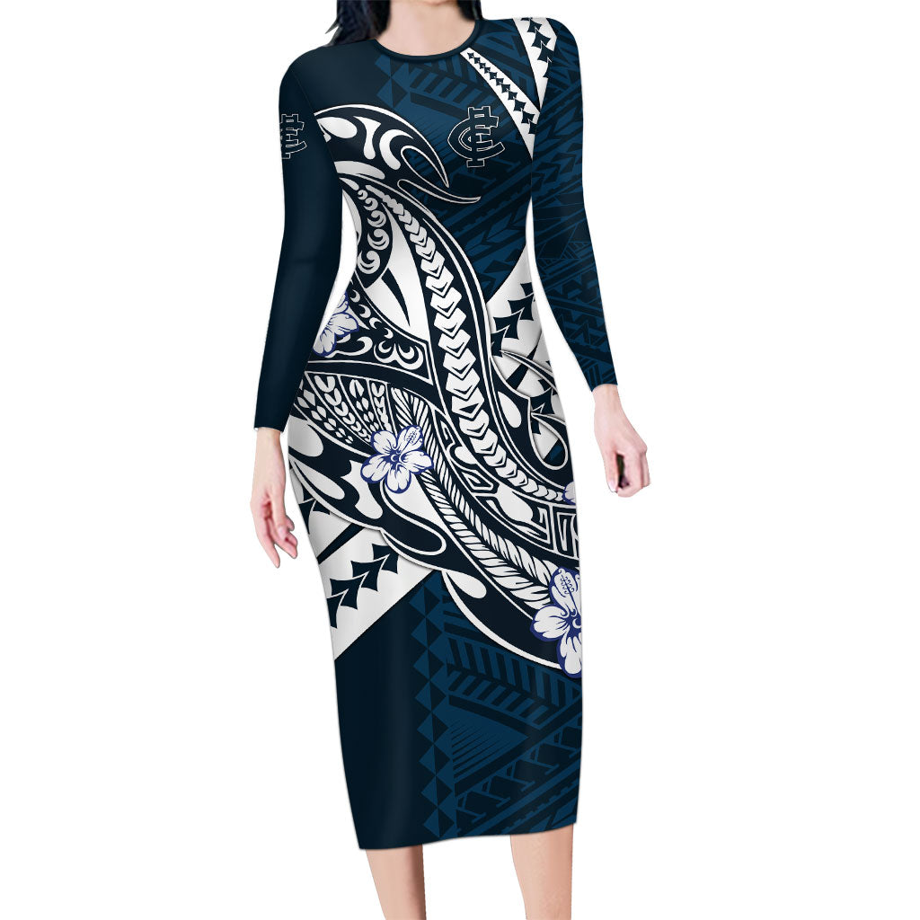 Personalized Carlton Blues Long Sleeve Bodycon Dress Polynesian Tribal Baggers Mascot With Hibiscus Floral Art