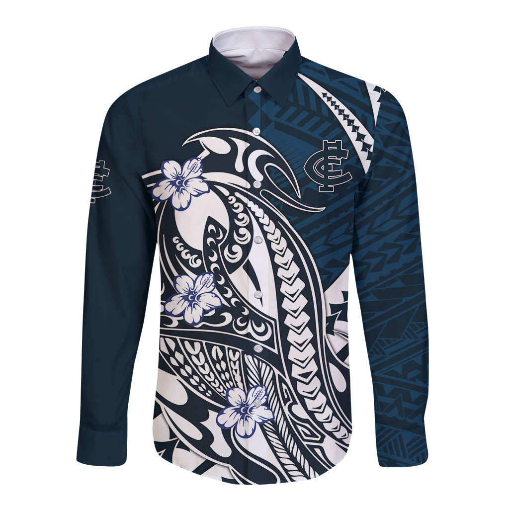 Personalized Carlton Blues Long Sleeve Button Shirt Polynesian Tribal Baggers Mascot With Hibiscus Floral Art