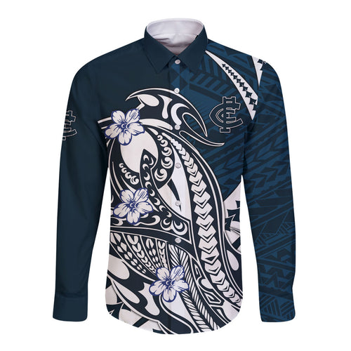 Personalized Carlton Blues Long Sleeve Button Shirt Polynesian Tribal Baggers Mascot With Hibiscus Floral Art