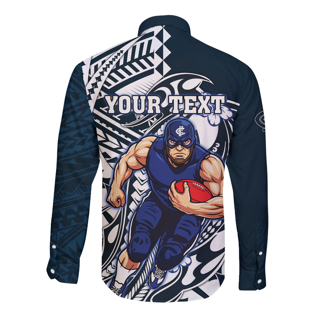 Personalized Carlton Blues Long Sleeve Button Shirt Polynesian Tribal Baggers Mascot With Hibiscus Floral Art