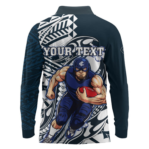 Personalized Carlton Blues Long Sleeve Polo Shirt Polynesian Tribal Baggers Mascot With Hibiscus Floral Art