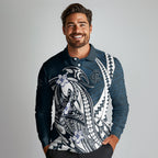 Personalized Carlton Blues Long Sleeve Polo Shirt Polynesian Tribal Baggers Mascot With Hibiscus Floral Art