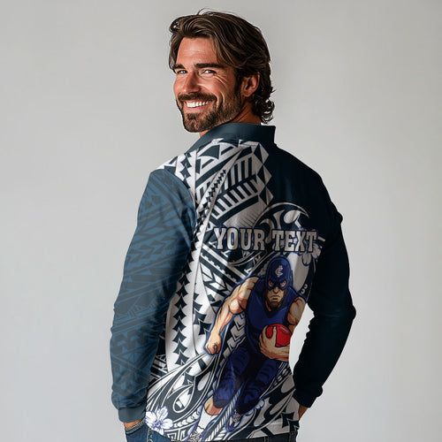 Personalized Carlton Blues Long Sleeve Polo Shirt Polynesian Tribal Baggers Mascot With Hibiscus Floral Art