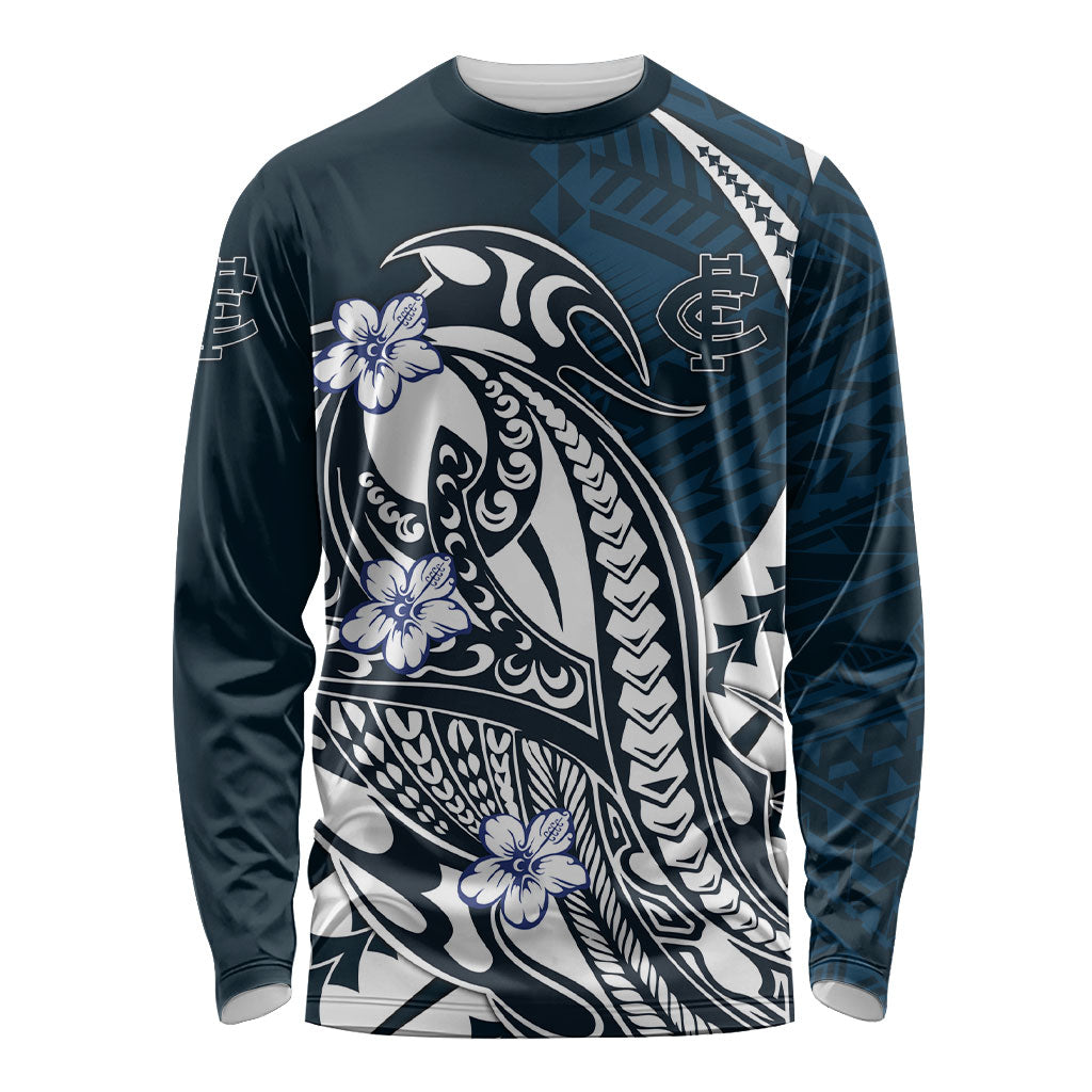 Personalized Carlton Blues Long Sleeve Shirt Polynesian Tribal Baggers Mascot With Hibiscus Floral Art