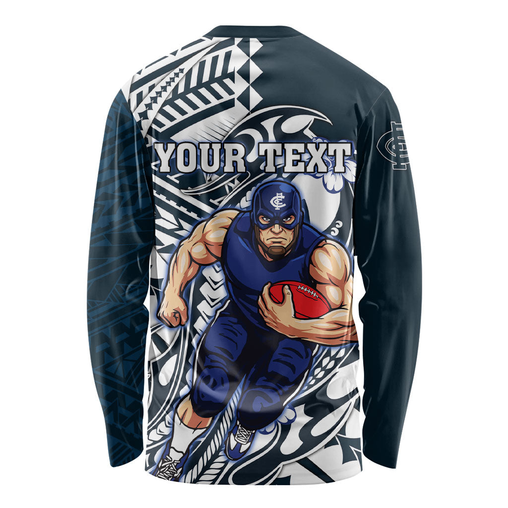 Personalized Carlton Blues Long Sleeve Shirt Polynesian Tribal Baggers Mascot With Hibiscus Floral Art
