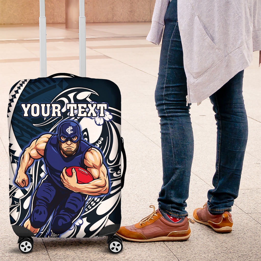 Personalized Carlton Blues Luggage Cover Polynesian Tribal Baggers Mascot With Hibiscus Floral Art