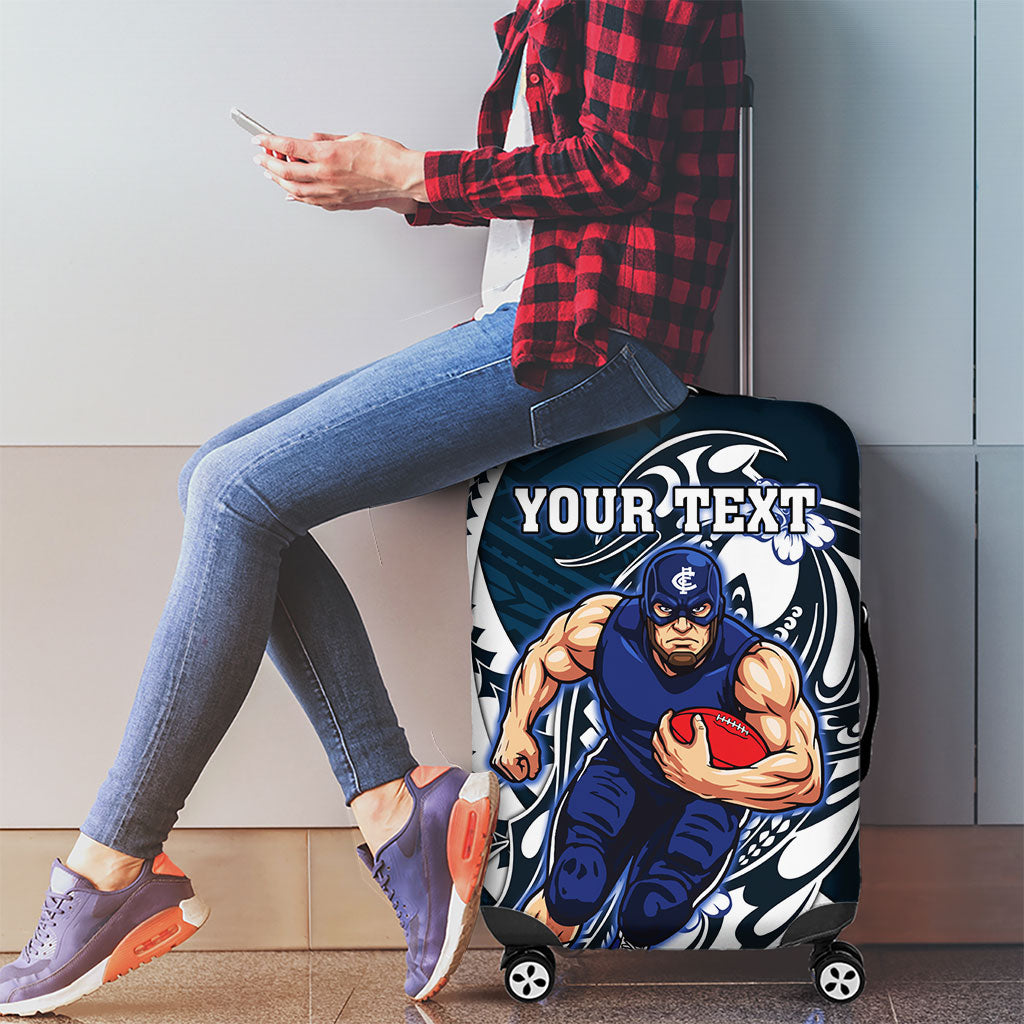 Personalized Carlton Blues Luggage Cover Polynesian Tribal Baggers Mascot With Hibiscus Floral Art