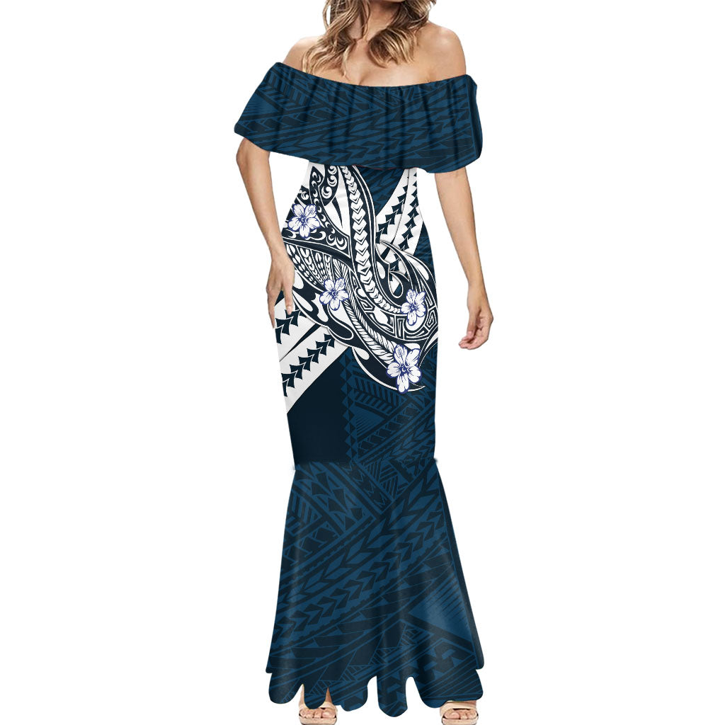 Personalized Carlton Blues Mermaid Dress Polynesian Tribal Baggers Mascot With Hibiscus Floral Art