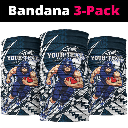 Personalized Carlton Blues Neck Gaiter Polynesian Tribal Baggers Mascot With Hibiscus Floral Art