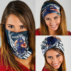 Personalized Carlton Blues Neck Gaiter Polynesian Tribal Baggers Mascot With Hibiscus Floral Art