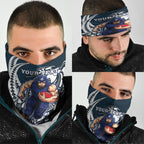 Personalized Carlton Blues Neck Gaiter Polynesian Tribal Baggers Mascot With Hibiscus Floral Art