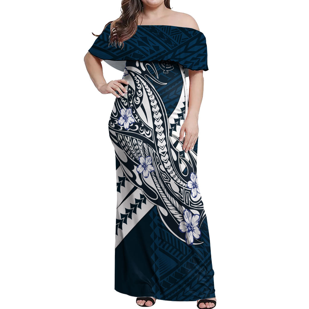 Personalized Carlton Blues Off Shoulder Maxi Dress Polynesian Tribal Baggers Mascot With Hibiscus Floral Art
