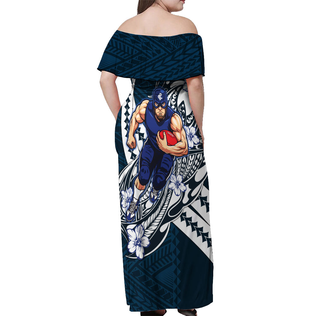 Personalized Carlton Blues Off Shoulder Maxi Dress Polynesian Tribal Baggers Mascot With Hibiscus Floral Art