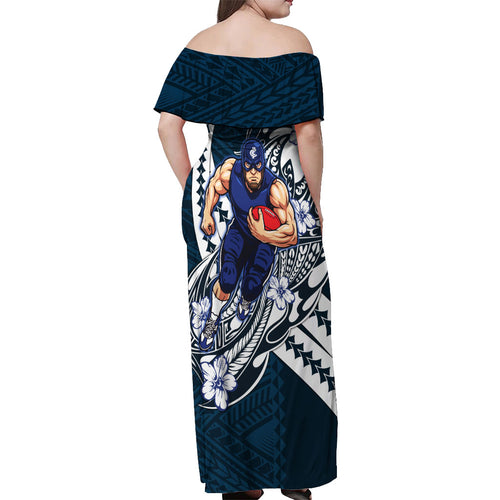 Personalized Carlton Blues Off Shoulder Maxi Dress Polynesian Tribal Baggers Mascot With Hibiscus Floral Art