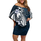 Personalized Carlton Blues Off Shoulder Short Dress Polynesian Tribal Baggers Mascot With Hibiscus Floral Art
