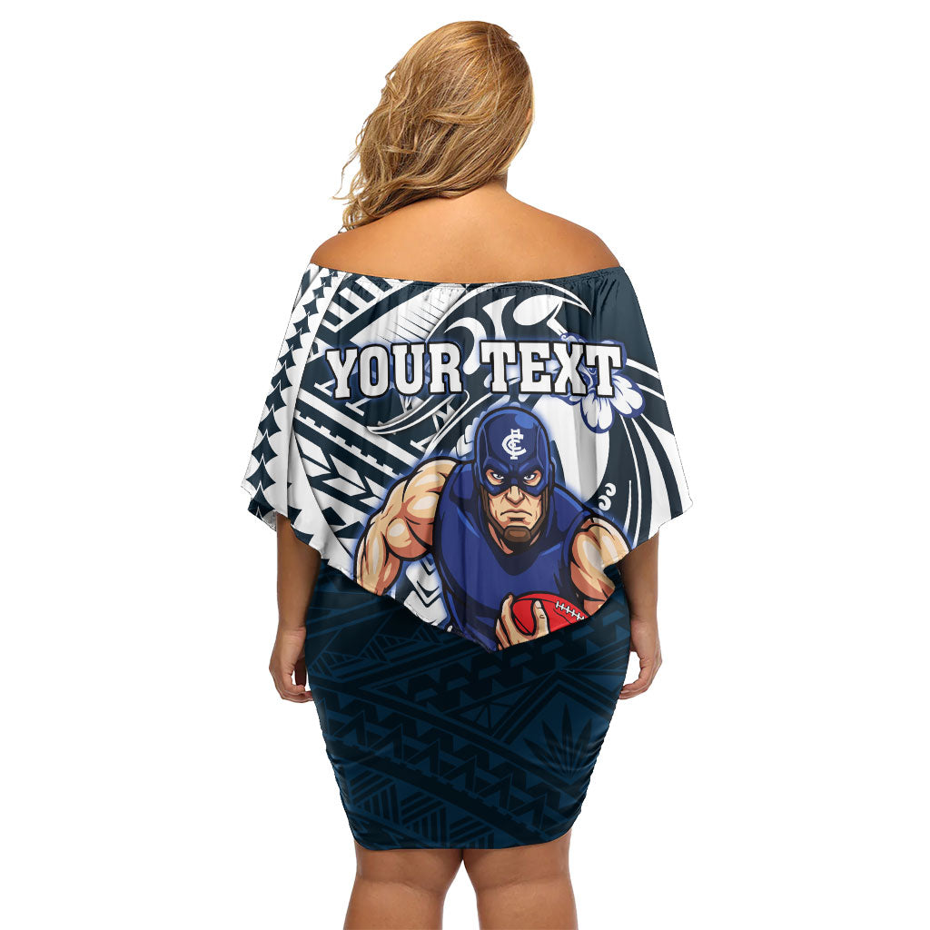 Personalized Carlton Blues Off Shoulder Short Dress Polynesian Tribal Baggers Mascot With Hibiscus Floral Art