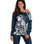 Personalized Carlton Blues Off Shoulder Sweater Polynesian Tribal Baggers Mascot With Hibiscus Floral Art