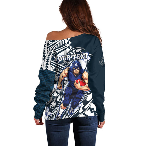 Personalized Carlton Blues Off Shoulder Sweater Polynesian Tribal Baggers Mascot With Hibiscus Floral Art