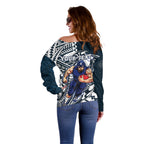 Personalized Carlton Blues Off Shoulder Sweater Polynesian Tribal Baggers Mascot With Hibiscus Floral Art