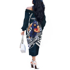 Personalized Carlton Blues Off The Shoulder Long Sleeve Dress Polynesian Tribal Baggers Mascot With Hibiscus Floral Art