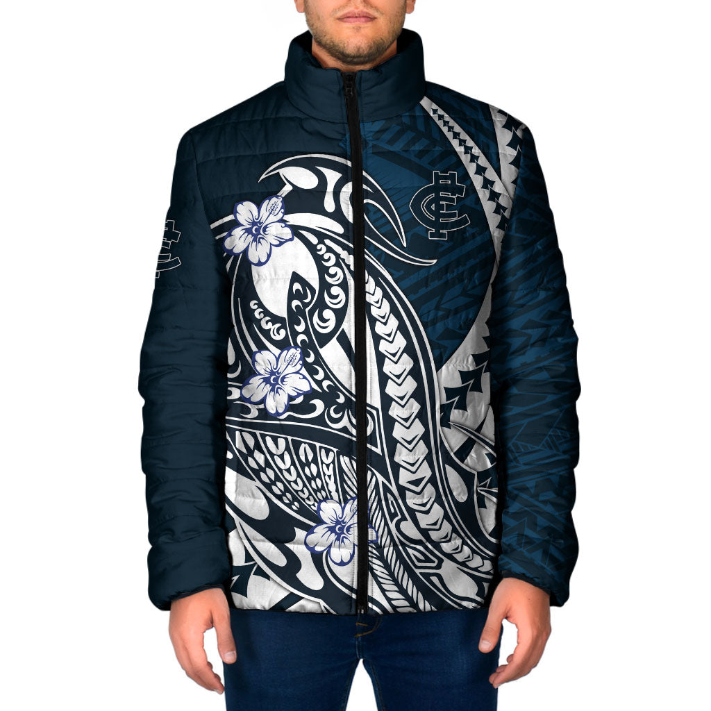 Personalized Carlton Blues Padded Jacket Polynesian Tribal Baggers Mascot With Hibiscus Floral Art